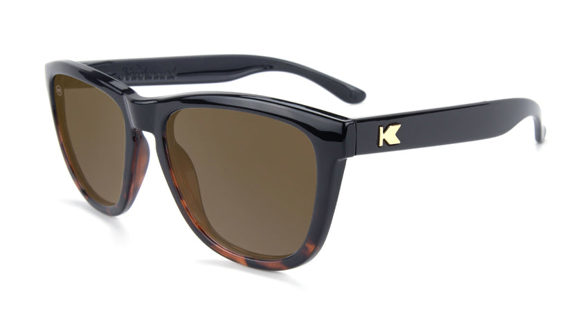 Sunglasses with Glossy Black and Tortoise Shell Frame and Polarized Amber Lenses, Flyover