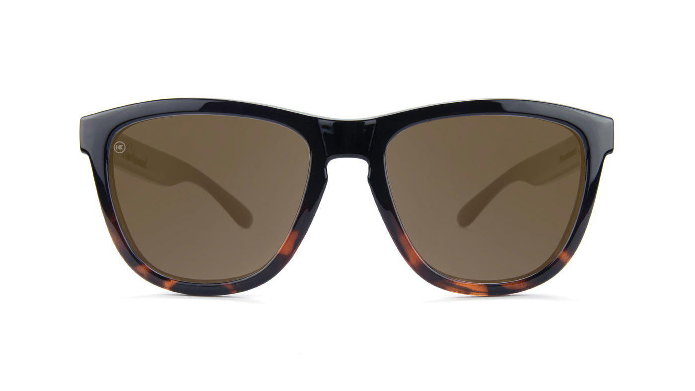 Sunglasses with Glossy Black and Tortoise Shell Frame and Polarized Amber Lenses, Front