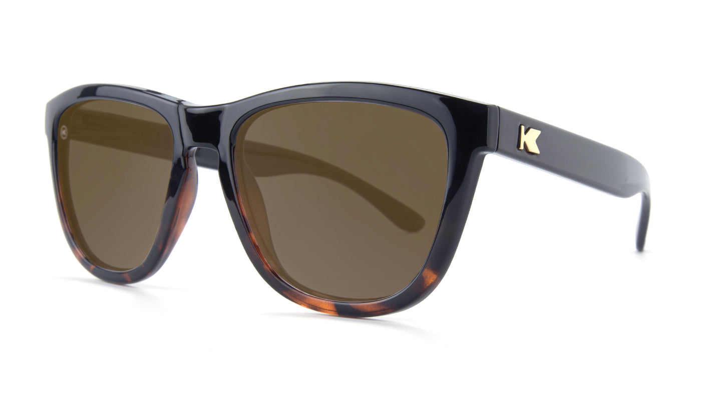 Sunglasses with Glossy Black and Tortoise Shell Frame and Polarized Amber Lenses, Threequarter
