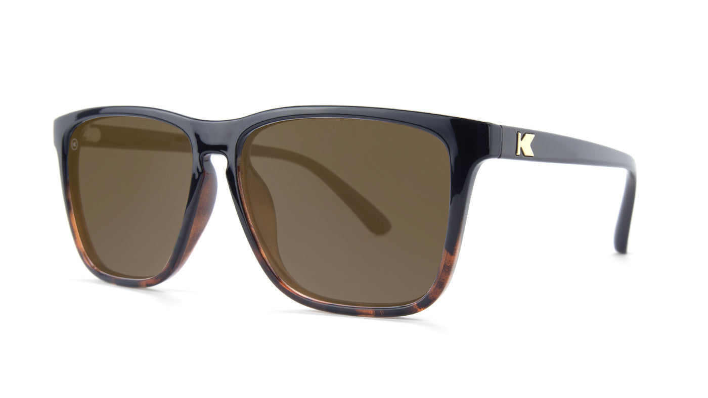 Sunglasses with Glossy Black Frames and Polarized Amber Lenses, Threequarter