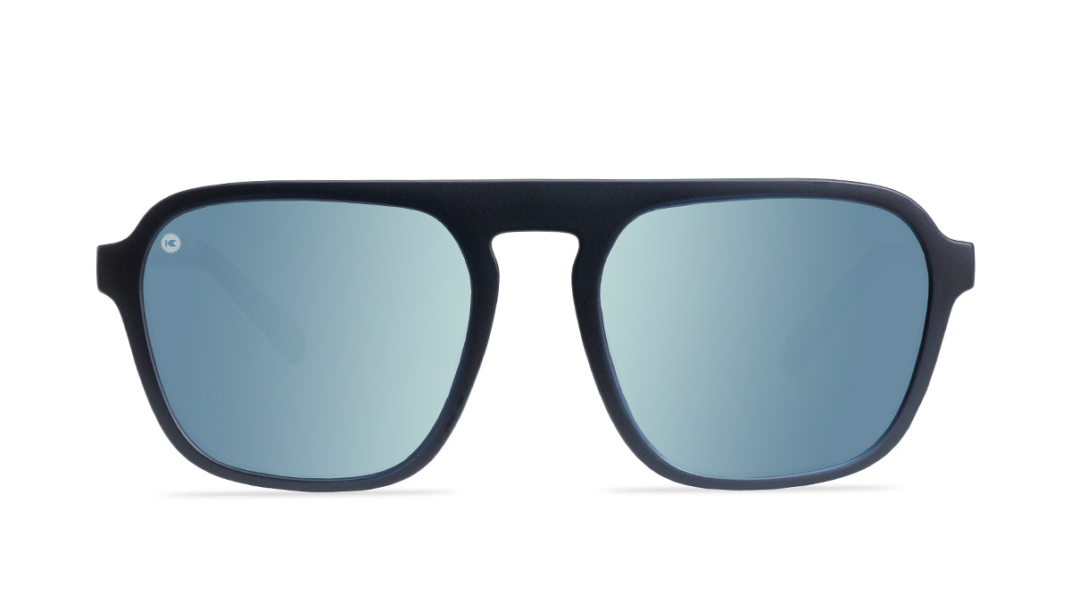 Sunglasses with black fronts, blue palm tree arms and polarized sky blue lenses, front
