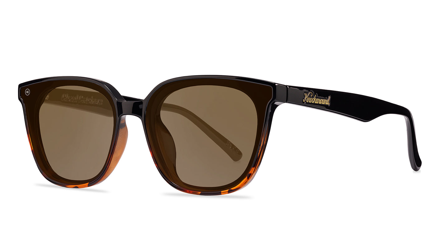 Sunglasses with a amber frame with polarized amber lenses, threequarter