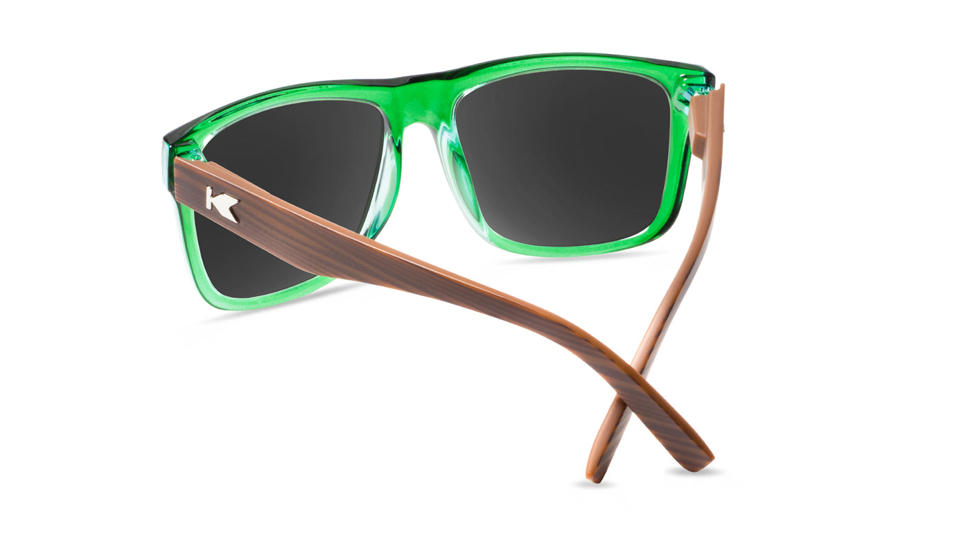Sunglasses with glossy green fronts, wooden arms and polarized green lenses, Back