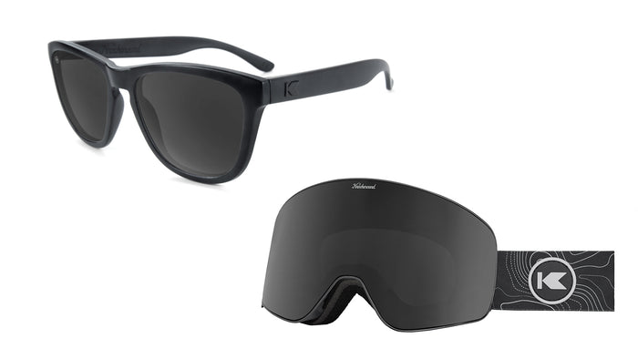 All Black Premiums Sunglasses and Slingshots Snow Goggles Bundle, Flyover