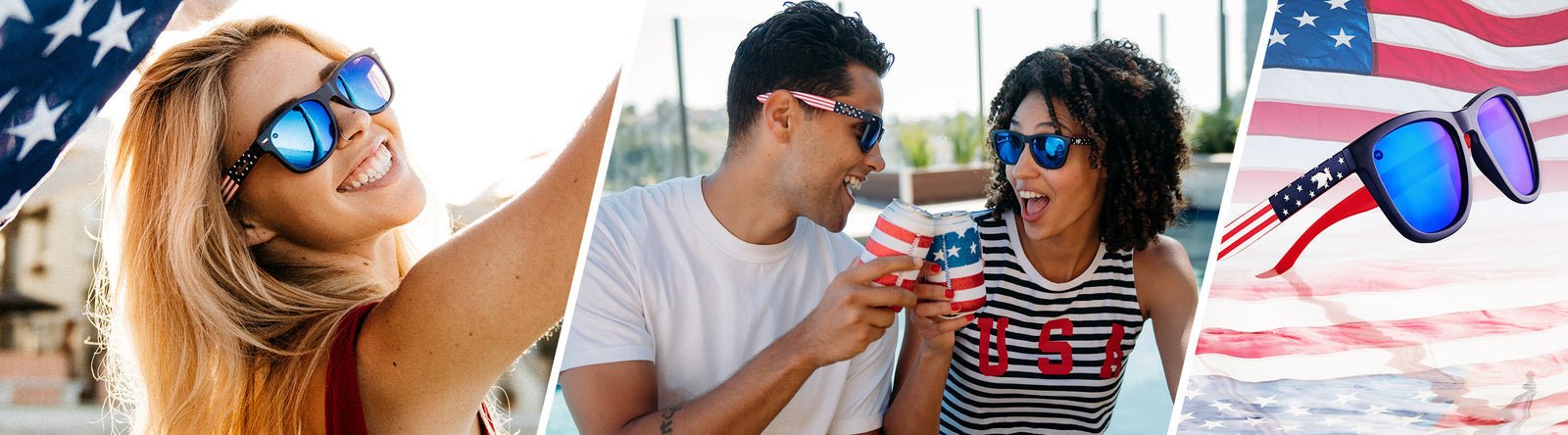 American Flag Sunglasses, lifestyle photo of Premiums Sunglasses, Men and Women wearing  Star Spangled Sunglasses