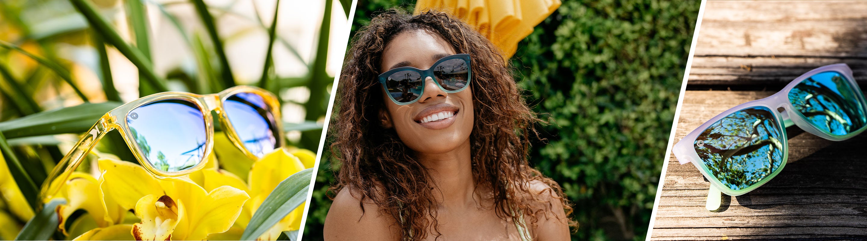 Blue Sunglasses: Lifestyle photo of two Knockaround Sunglasses, and Women wearing Deja Views Sunglasses