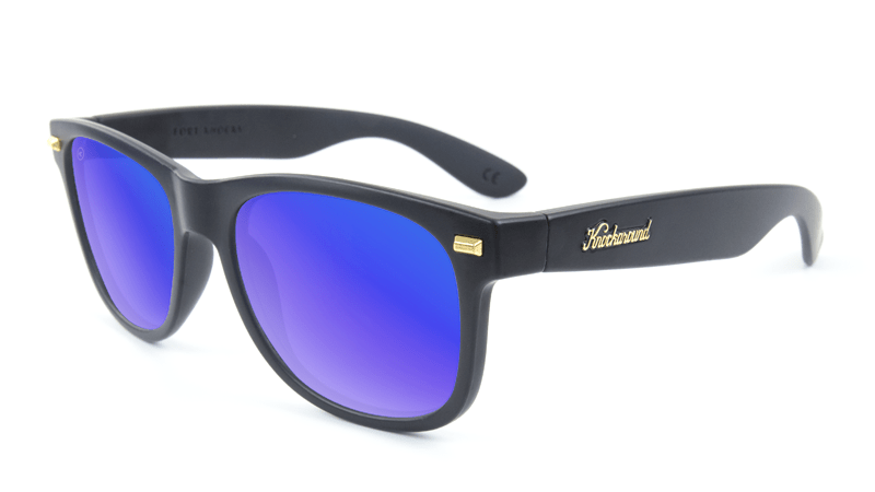 Matte black sunglasses with square blue mirrored lenses