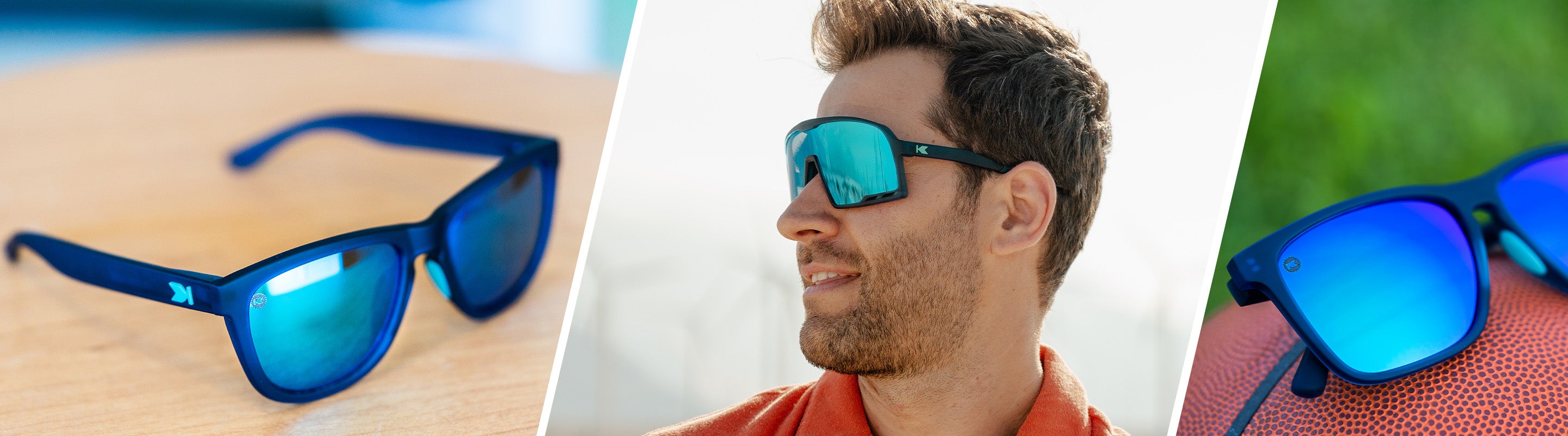 Rubberized Navy Sunglasses: Lifestyle photo of Rubberized Navy / Mint Premiums Sport and Fast Lanes Sport Sunglasses, Men wearing Campeones Sunglasses