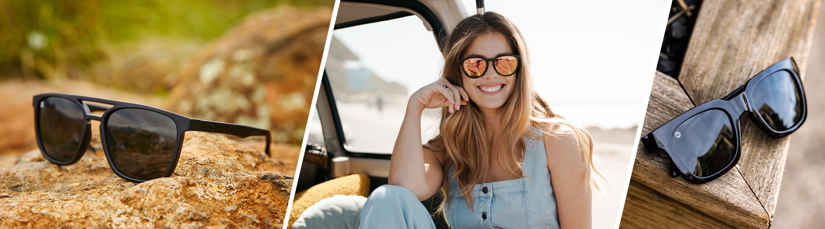 Black Sunglasses For Women, Lifestyle photo of Two Knockaround Sunglasses, and Women wearing Knockaround Sunglasses
