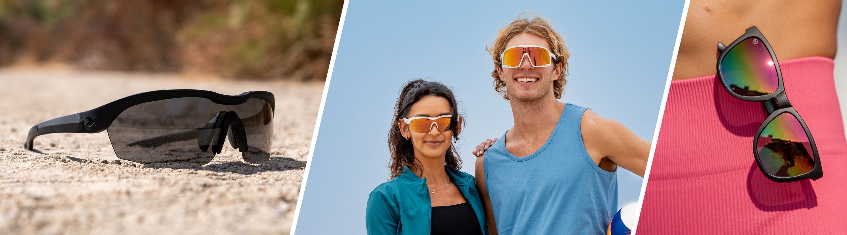 New arrivals. Lifestyle photo of Black on Black Kinetics and Rainbow on Black Premiums Sport Sunglasses, Man wearing Starlight Campeones and Women wearing Starlight Kinetics Sunglasses