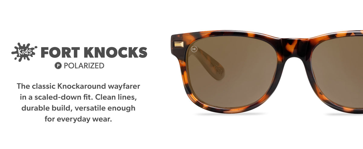 Kids Fort Knocks Sunglasses. Polarized Lenses. The Classics Knockaround Wayfarer in a scaled-down fit. Clean lines, durable build, versatile enough for everyday wear.