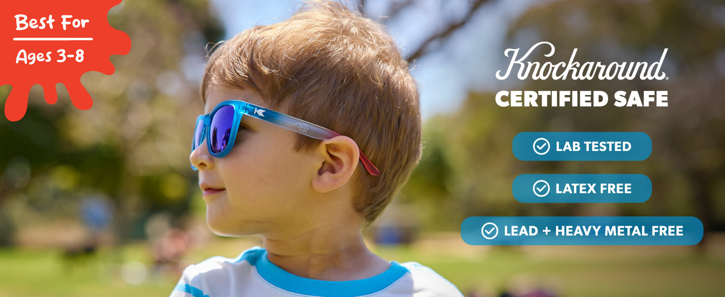 Kids Premiums are best for ages 3-8. Photo features a boy wearing Kids Premiums sunglasses