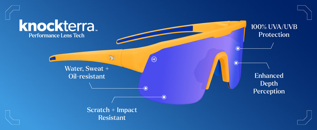 Knockterra Performance Lens Tech. Water, Sweat + Oil Resistant Lens Coating. Enhanced Depth Perception. UV400 Protection: Stops harmful UVA/UVB rays. Scratch + Impact Resistant: Designed to keep up with your active lifestyle. Photo features Overtime / Moonshine Kids Volts Sunglasses