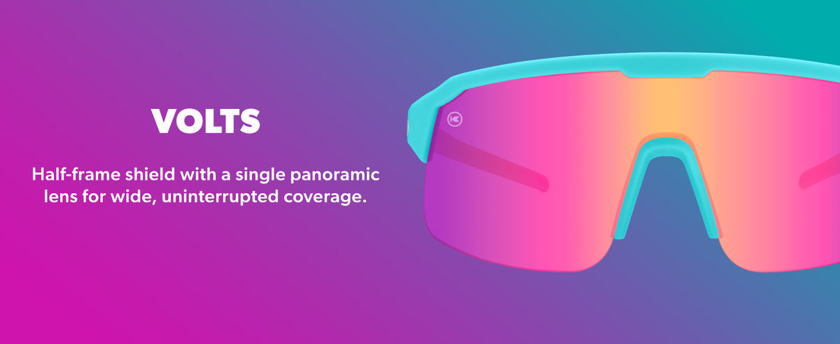 Volts Sunglasses. Half-frame shield with a single panoramic lens for wide, uninterrupted coverage.