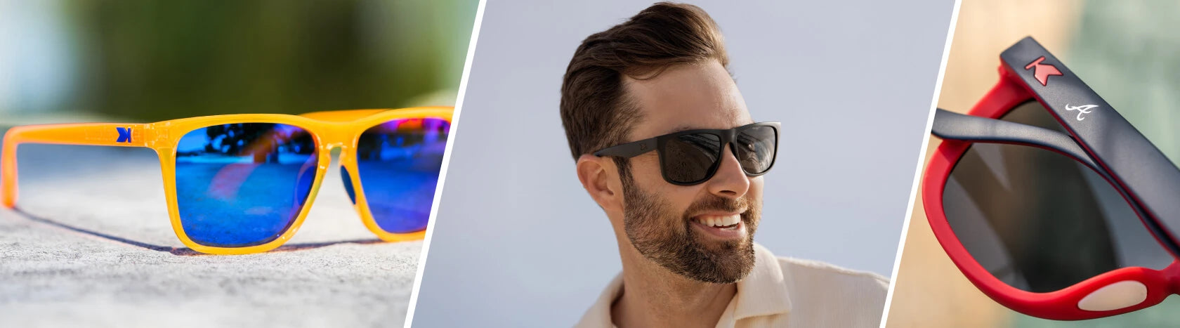 Eye Glasses for Sports. Lifestyle photo of Neon Orange Fast Lanes Sport and Atlanta Braves Premiums Sport Prescription Sunglsses, Men wearing Black on Black Torrey Pines Sport Prescriptions Sunglasses