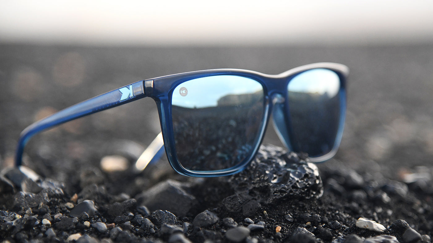 Sunglasses with Glossy Blue Frames and Polarized Sky Blue Lenses, Lifestyle