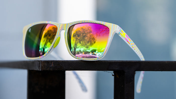 Sport sunglasses with white frames and polarized rainbow lenses
