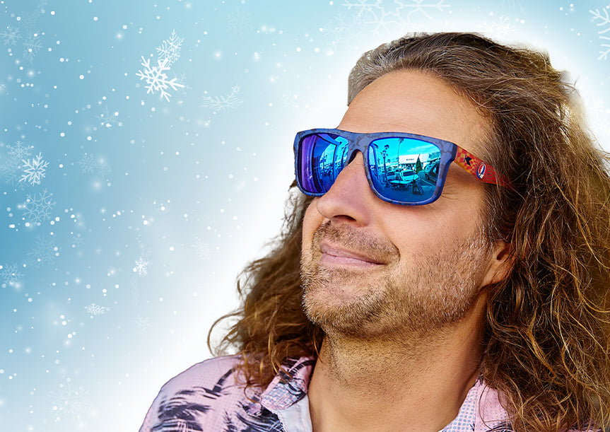 Gift Guide For The Music Lover: Man wearing Grateful Dead Steal Your Face Torrey Pines sunglasses