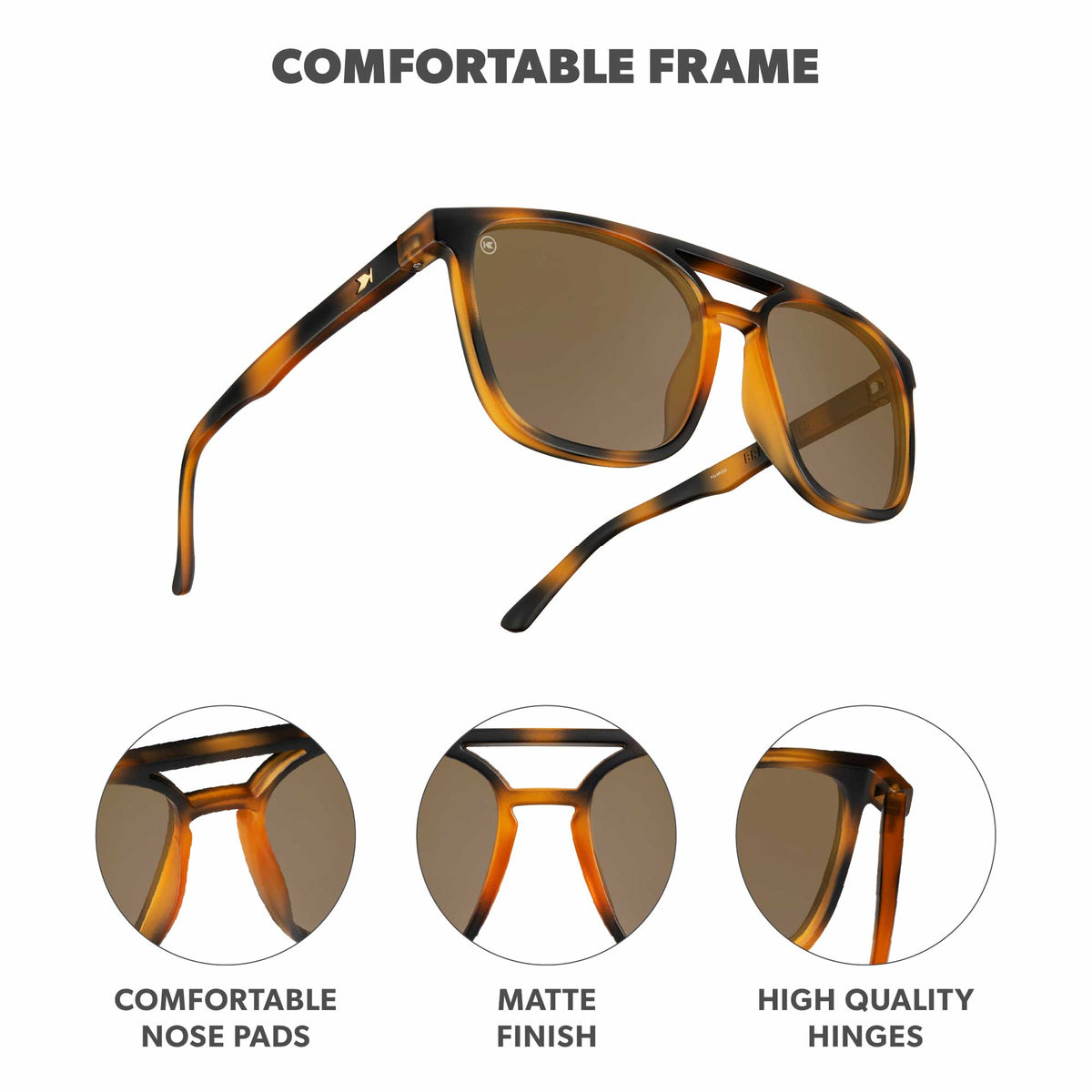Comfortable Frame. Comfortable nose pads. Matte finish. High quality hinges. Photo features Cypress Brightsides Sunglasses and details of the highlighted parts of the frame.