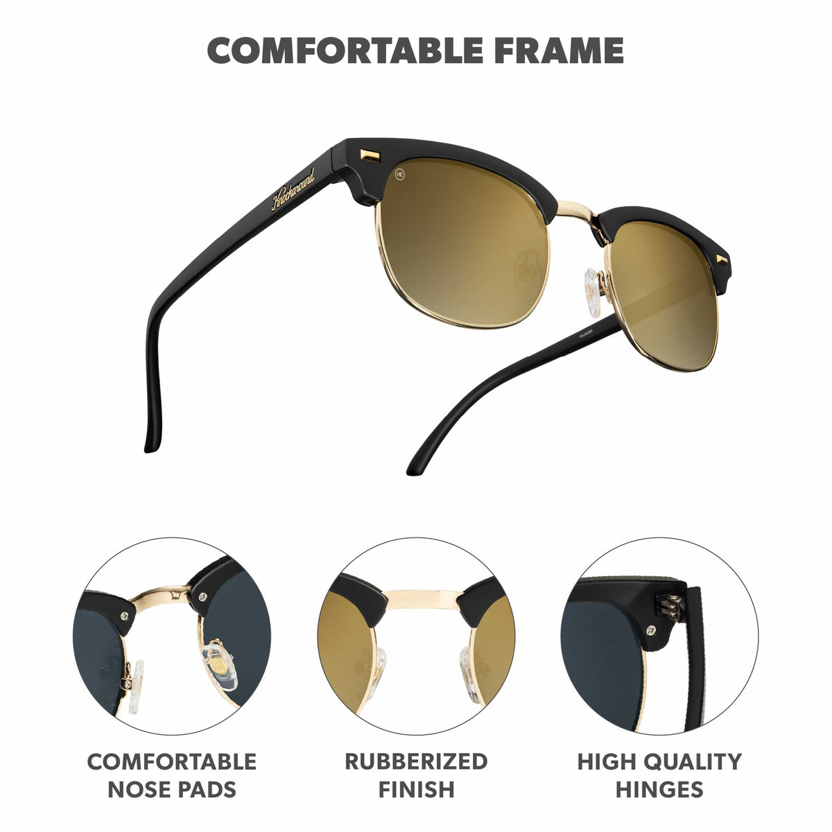 Comfortable Frame. Comfortable nose pads. Rubberized finish. High quality hinges. Photo features Black / Gold Brooklines Sunglasses and details of the highlighted parts of the frame.