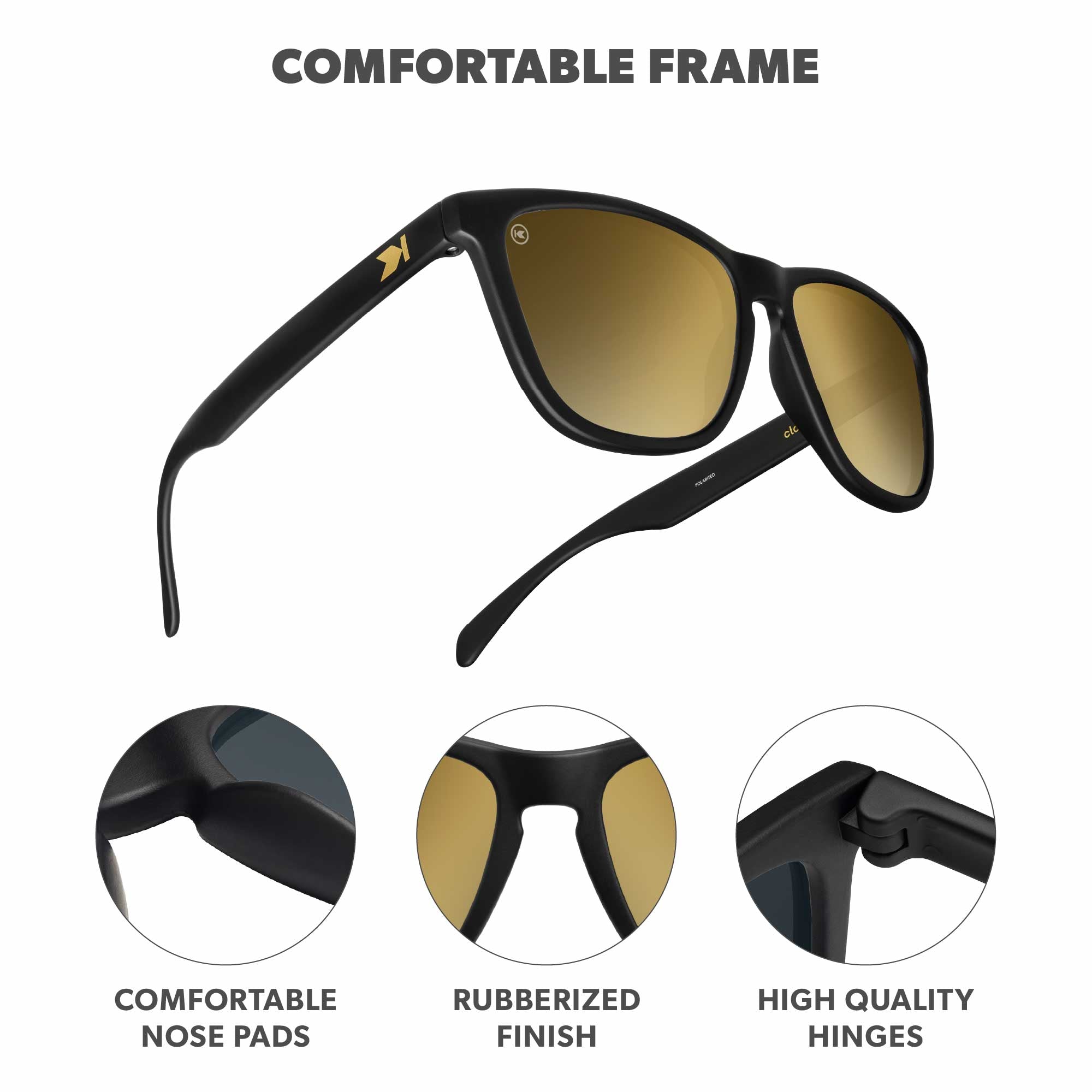 Comfortable Frame. Comfortable nose pads. Rubberized finish. High quality hinges. Photo features Black Gold Classics Sunglasses and details of the highlighted parts of the frame.