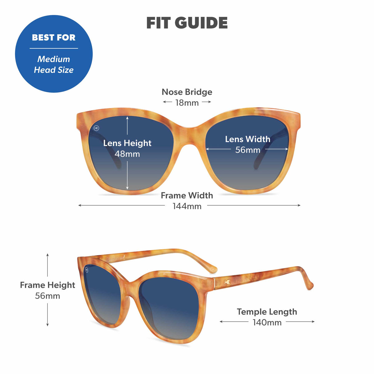 Fit Guide. Best for medium head sizes. Photo features Sienna Deja Views Sunglasses and includes specific frame measurements. See Fit Guide for more details.