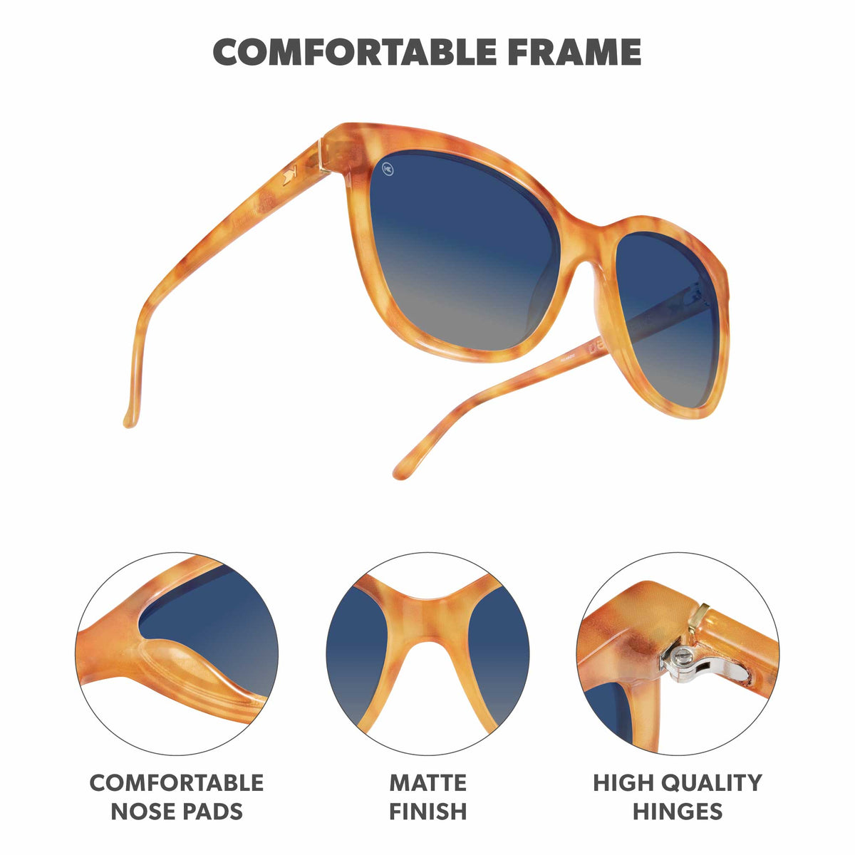 Comfortable Frame. Comfortable nose pads. Glossy finish. High quality hinges. Photo features Sienna Deja Views Sunglasses and details of the highlighted parts of the frame.