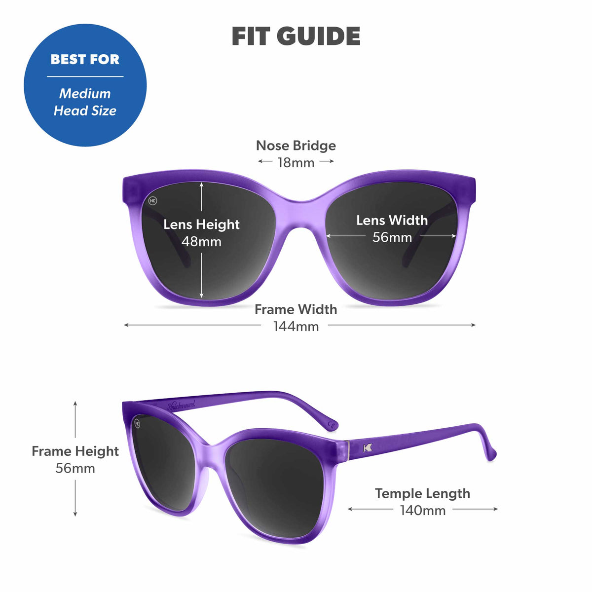 Fit Guide. Best for medium head sizes. Photo features Wisteria Deja Views Sunglasses and includes specific frame measurements. See Fit Guide for more details.