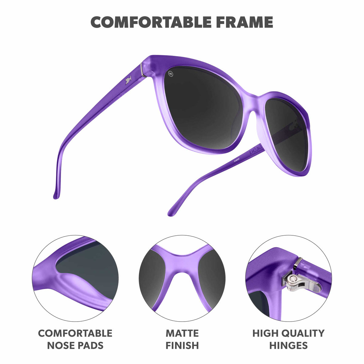 Comfortable Frame. Comfortable nose pads. Matte finish. High quality hinges. Photo features Wisteria Deja Views Sunglasses and details of the highlighted parts of the frame.