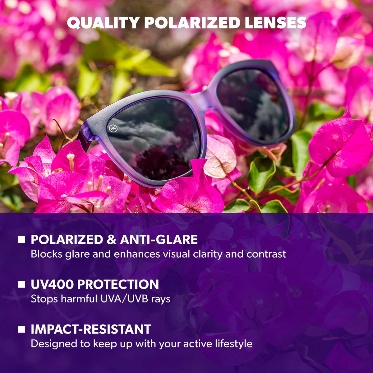 Quality Polarized Lenses. Polarized & Anti-Glare: Blocks glare and enhances visual clarity and contrast. UV400 Protection: Stops harmful UVA/UVB rays. Impact Resistant: Designed to keep up with your active lifestyle. Photo features Wisteria Deja Views Sunglasses