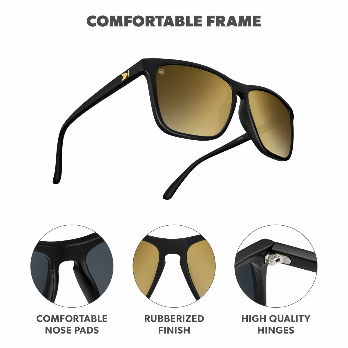 Comfortable Frame. Comfortable nose pads. Rubberized finish. High quality hinges. Photo features Black / Gold Fast Lanes Sunglasses and details of the highlighted parts of the frame.
