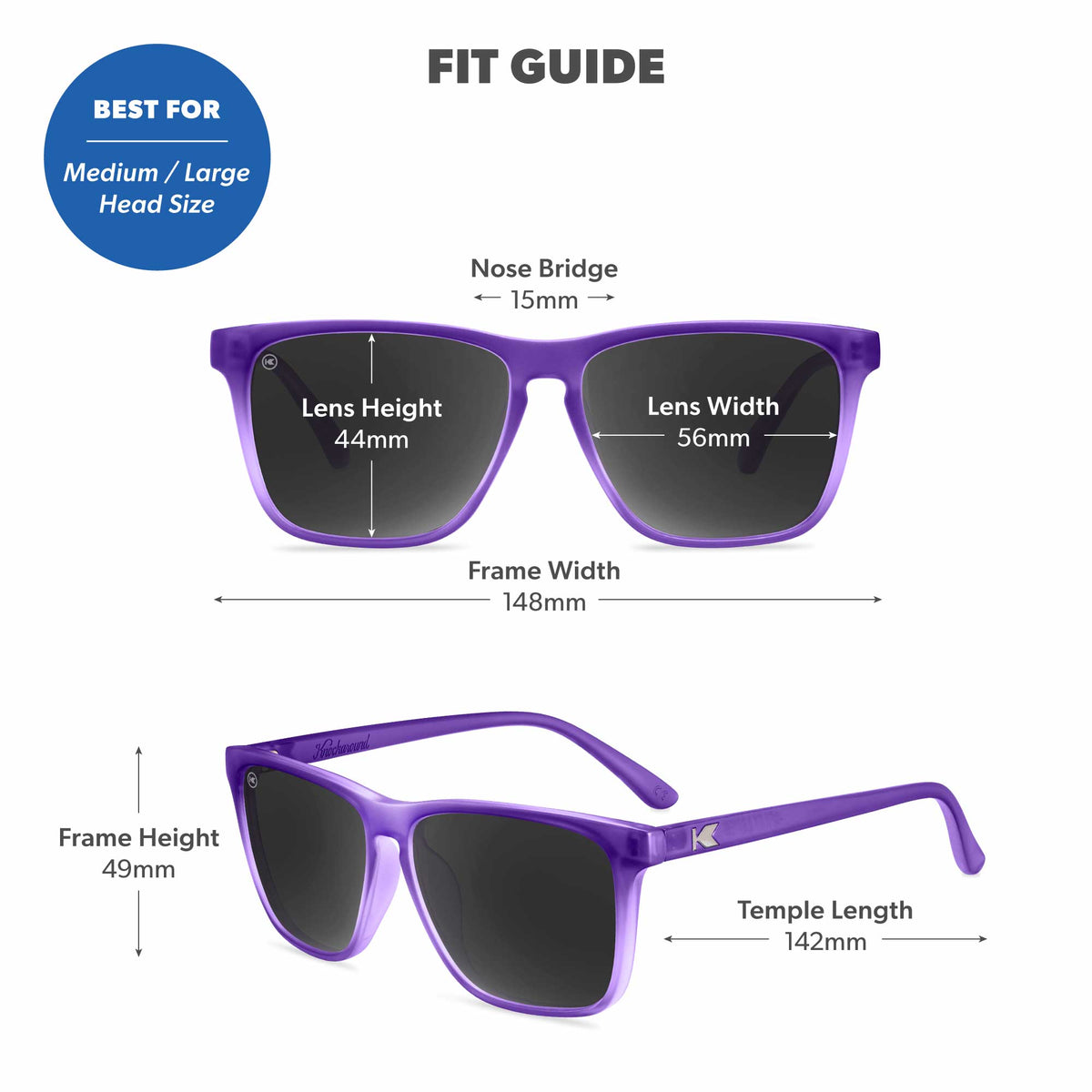 Fit Guide. Best for medium/large head sizes. Photo features Wisteria Fast Lanes Sunglasses and includes specific frame measurements. See Fit Guide for more details.