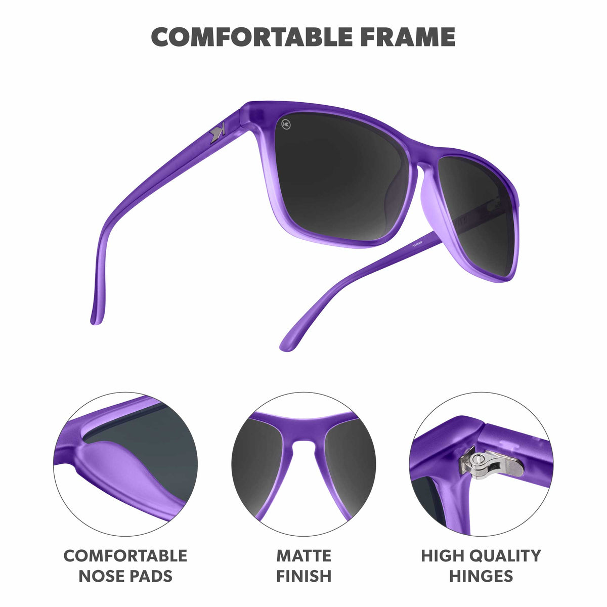 Comfortable Frame. Comfortable nose pads. Matte finish. High quality hinges. Photo features Wisteria Fast Lanes Sunglasses and details of the highlighted parts of the frame.