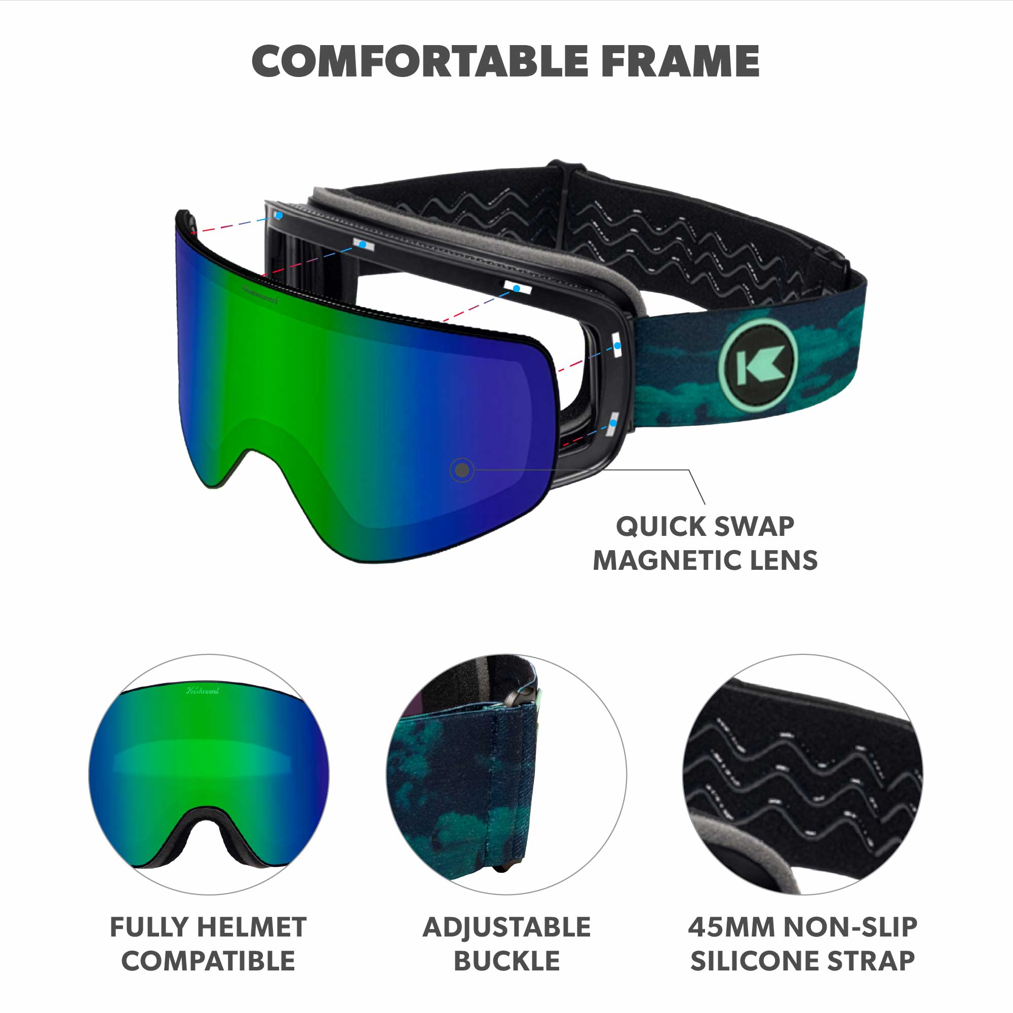 Knockaround Snow Goggles, Green Machine, Frame Features
