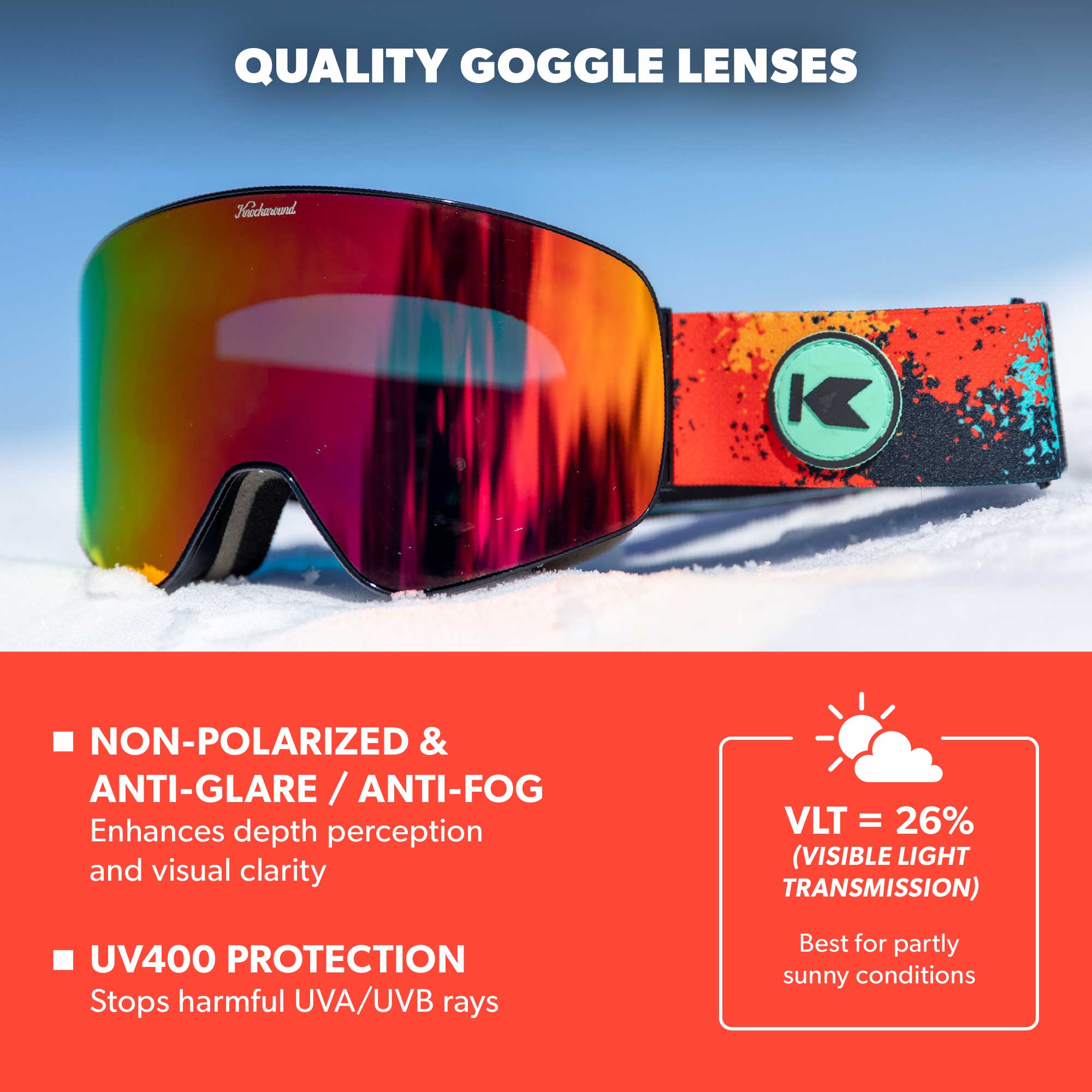 Knockaround Snow Goggles, Hot Tamale, Snow Goggle Lenses