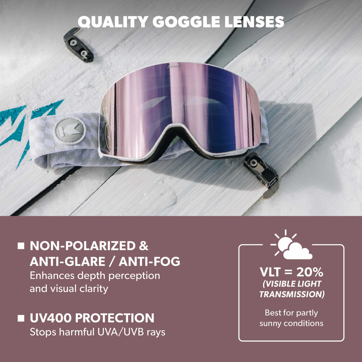 Quality Goggle Lenses. Non-polarized anti-glare / anti-fog, enhances depth perception and visual clarity. UV400 Protection, stops harmful UVA/UVB rays.  VLT = 20% (Visible Light Transmission), best for partly sunny conditions. UV400 Protection: Stops harmful UVA/UVB rays. Impact Resistant: Designed to keep up with your active lifestyle. Photo features Lilac Powder Slingshot Snow Goggles.