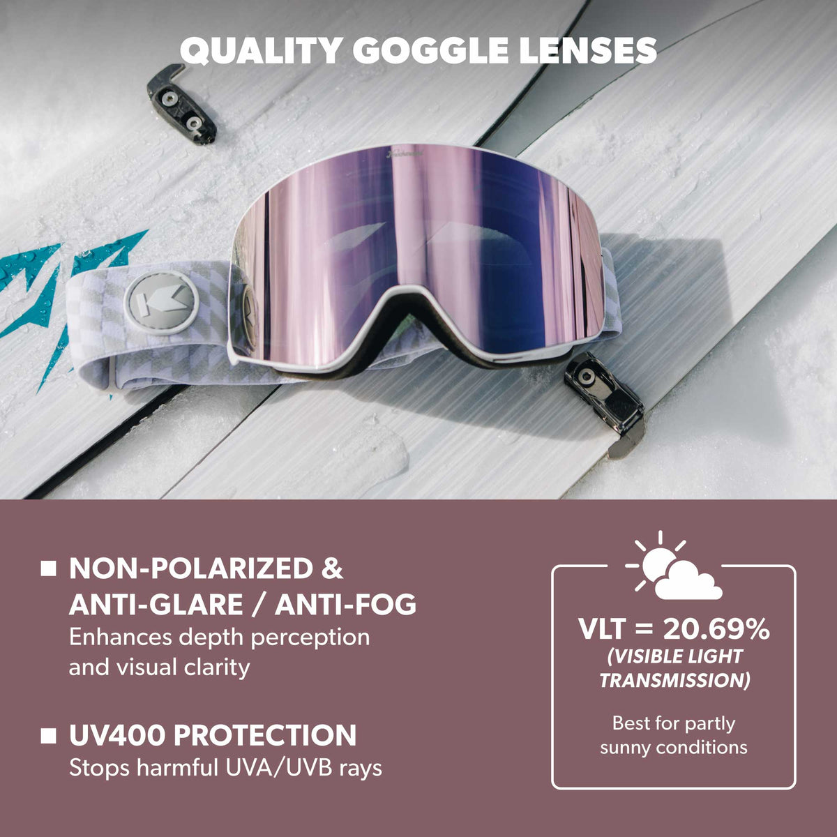 Quality Goggle Lenses. Non-polarized anti-glare / anti-fog, enhances depth perception and visual clarity. UV400 Protection, stops harmful UVA/UVB rays.  VLT = 20.69% (Visible Light Transmission), best for partly sunny conditions. UV400 Protection: Stops harmful UVA/UVB rays. Impact Resistant: Designed to keep up with your active lifestyle. Photo features Lilac Powder Slingshot Snow Goggles.