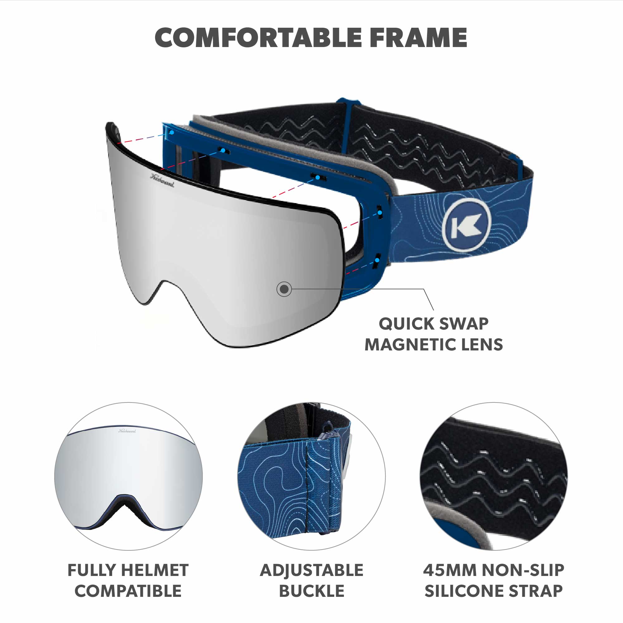 Knockaround Sky Peak Snow Goggles With Silver Lens and Blue Strap, Frame Features