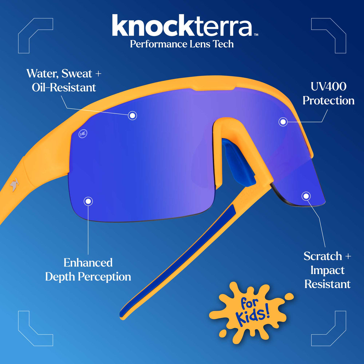Knockterra Performance Lens Tech. Water, Sweat + Oil Resistant Lens Coating. Enhanced Depth Perception. UV400 Protection: Stops harmful UVA/UVB rays. Scratch + Impact Resistant: Designed to keep up with your active lifestyle. Photo features Overtime / Moonshine Kids Volts