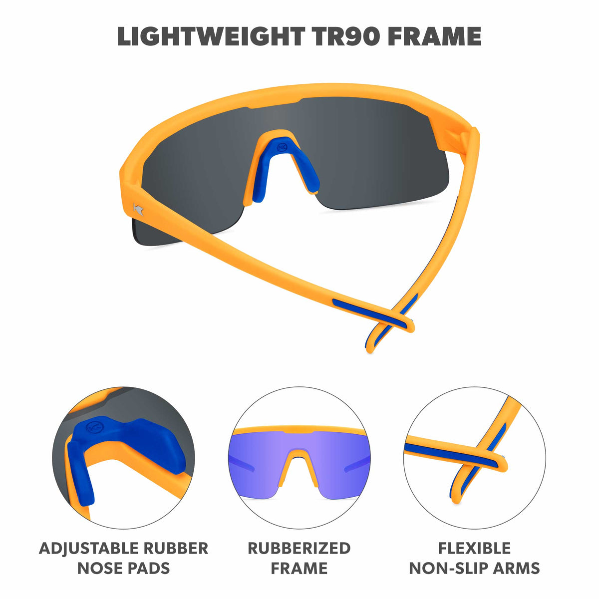 Comfortable frame. Adjustable Rubber Nose Pads. Rubberized finish. High quality hinges. Photo features Overtime / Moonshine Kids Volts Sunglasses and details of the highlighted parts of the frame.