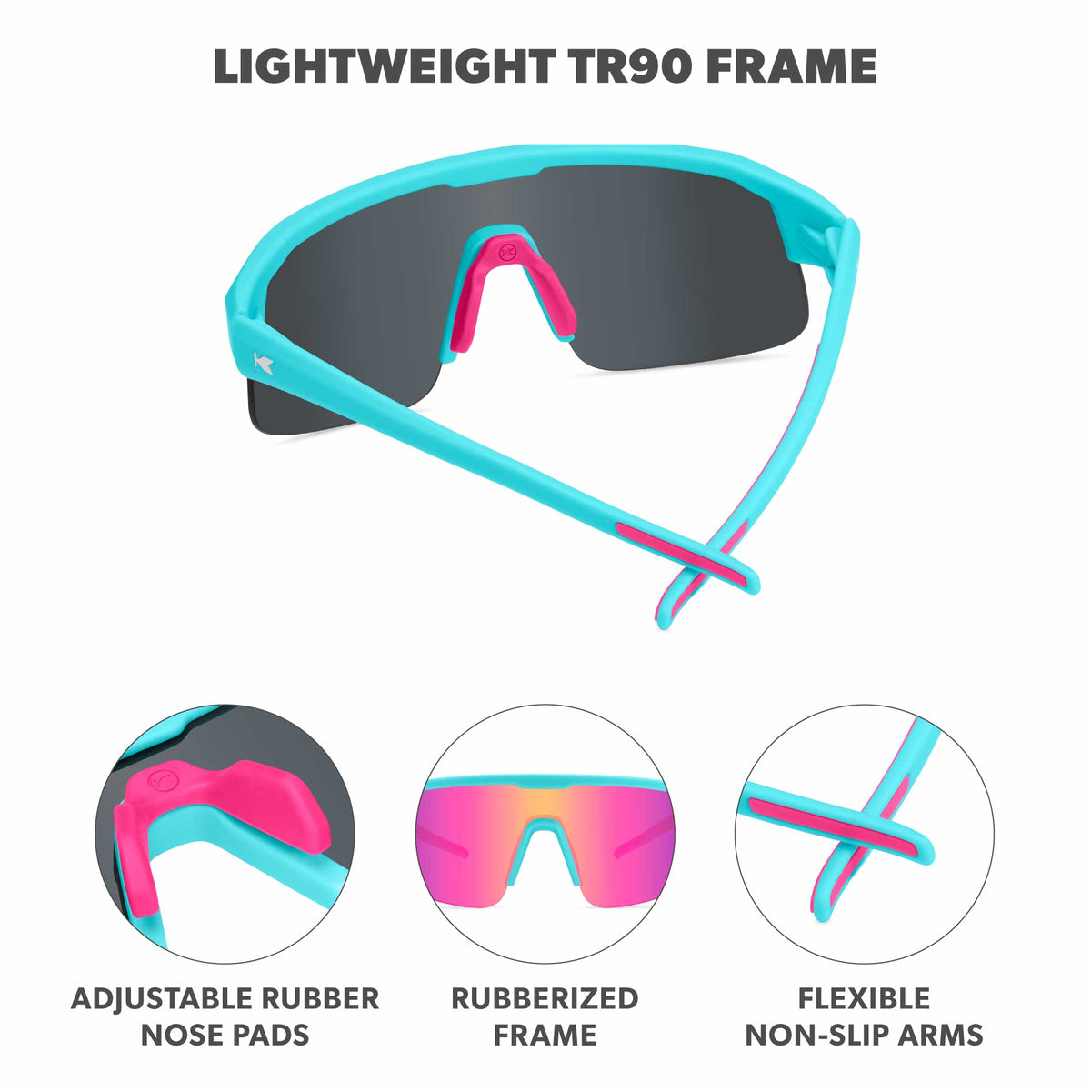 Comfortable frame. Adjustable Rubber Nose Pads. Rubberized finish. Flexible Non-slip arms. Photo features Wild Card / Pink Sunset Kids Volts Sunglasses and details of the highlighted parts of the frame.