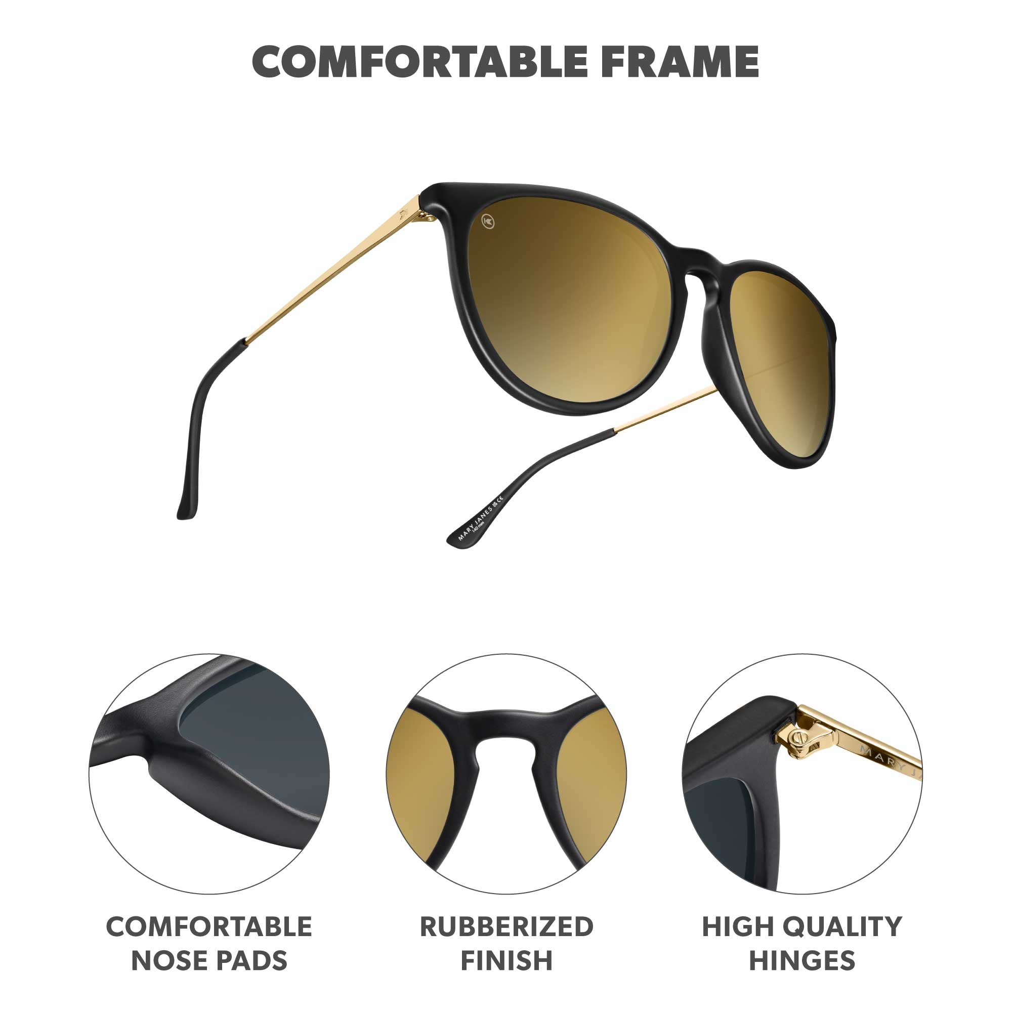 Black Gold Mary Janes Sunglasses, Frame Features