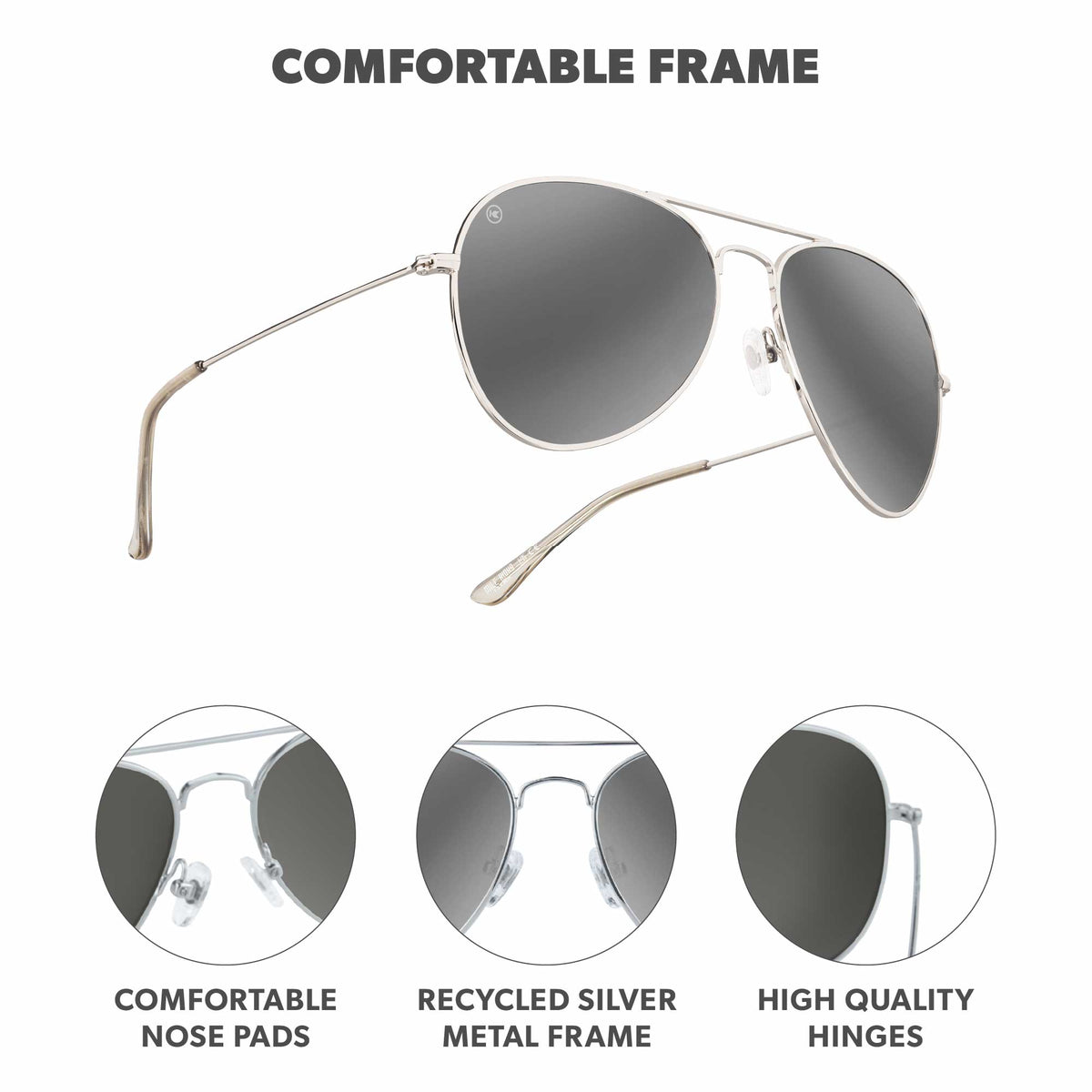 Comfortable Frame. Comfortable nose pads. Recycled Metal Frame finish. High quality hinges. Photo features Silver / Silver Smoke Mile Highs Sunglasses and details of the highlighted parts of the frame.
