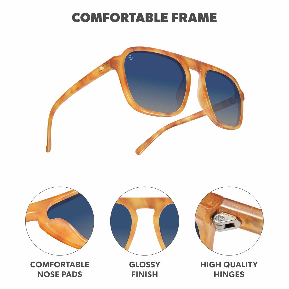 Comfortable Frame. Comfortable nose pads. Glossy finish. High quality hinges. Photo features Sienna Pacific Palisades Sunglasses and details of the highlighted parts of the frame.