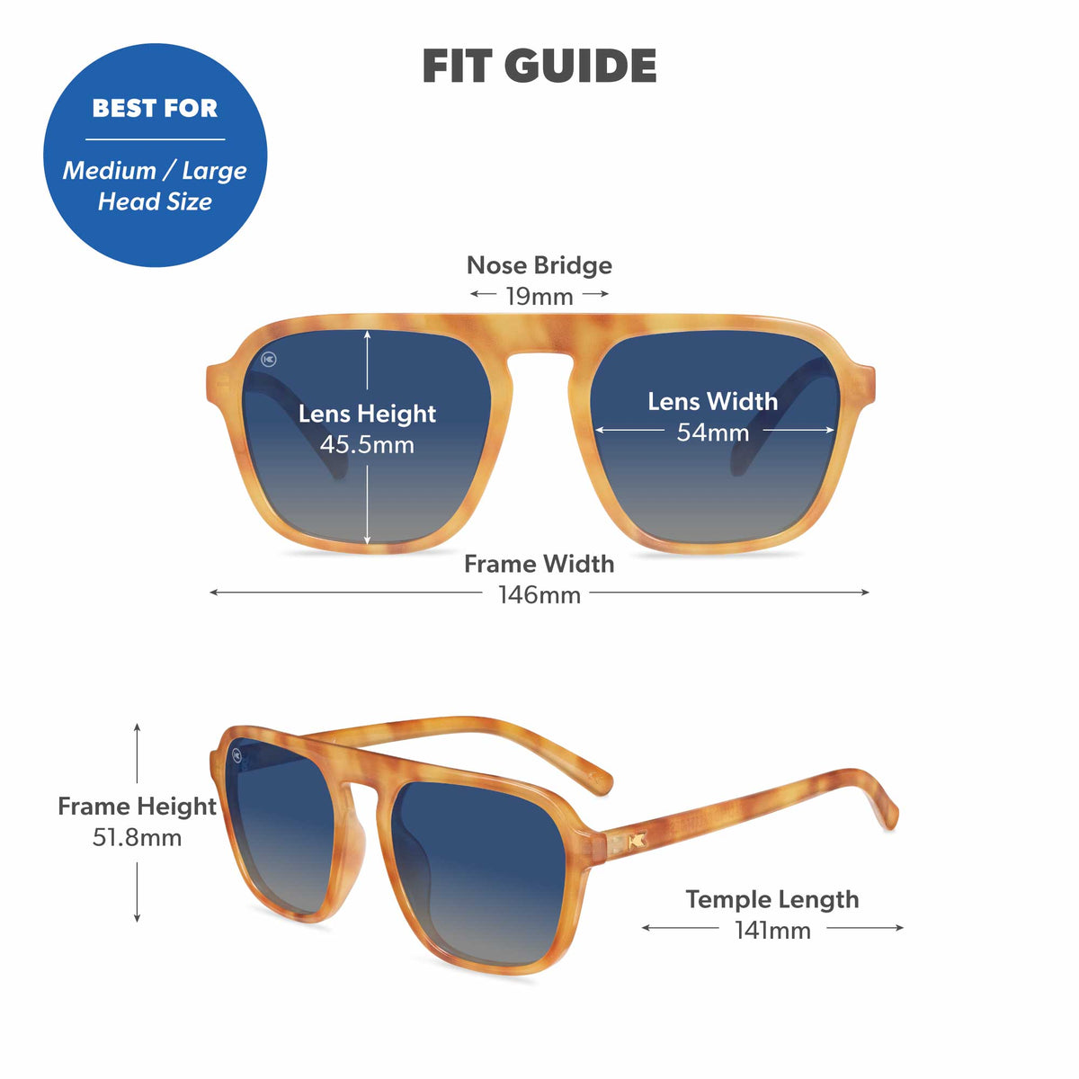 Fit Guide. Best for medium/large head sizes. Photo features Sienna Pacific Palisades Sunglasses and includes specific frame measurements. See Fit Guide for more details.