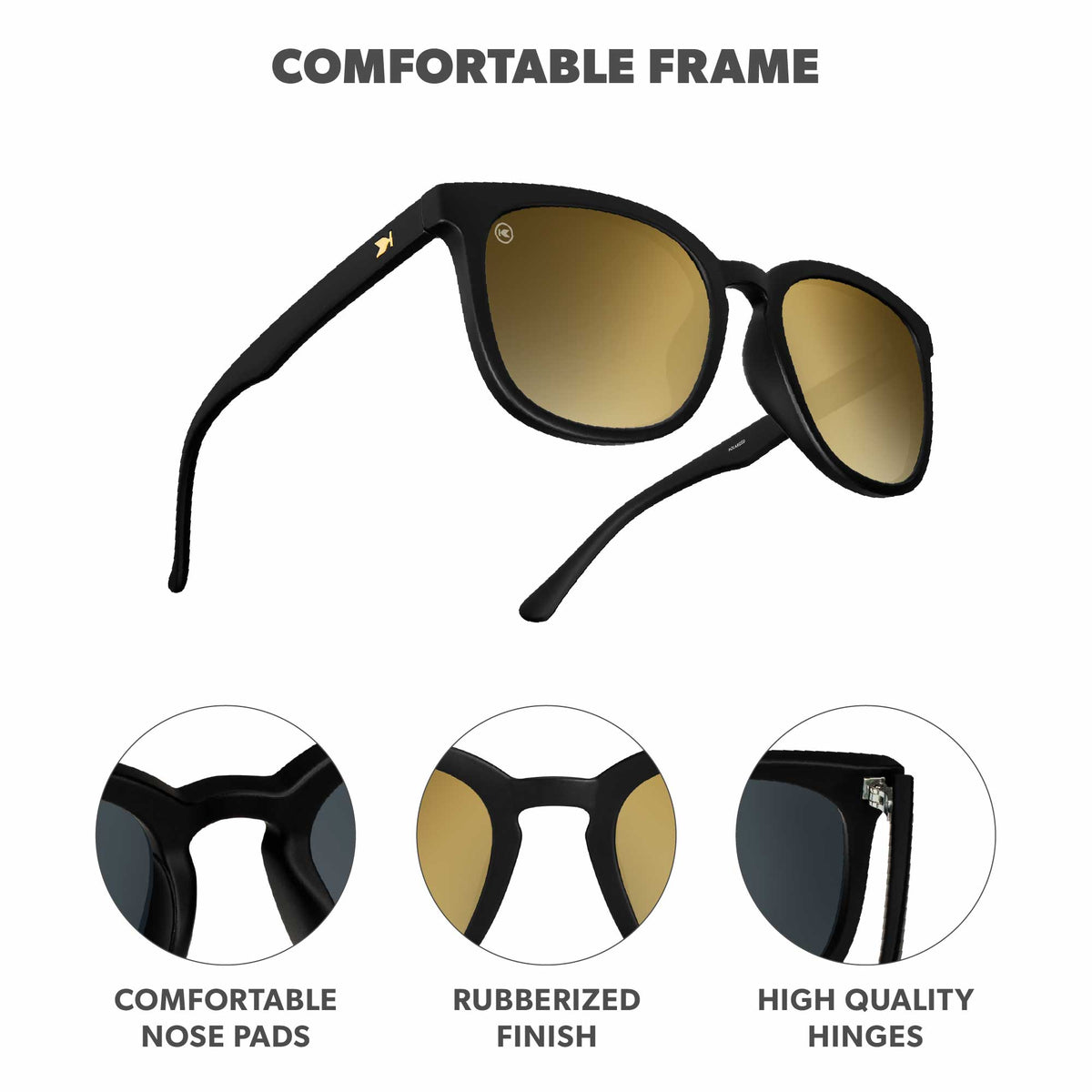 Comfortable Frame. Comfortable nose pads. Rubberized finish. High quality hinges. Photo features Black Gold Paso Robles  Sunglasses and details of the highlighted parts of the frame.
