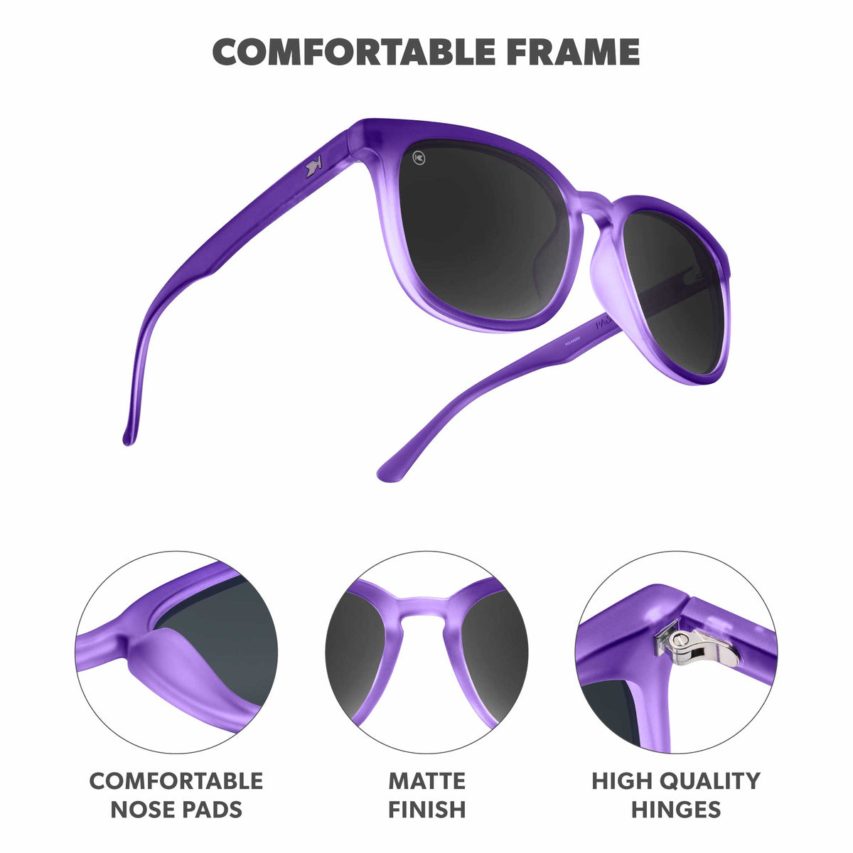 Comfortable Frame. Comfortable nose pads. Matte finish. High quality hinges. Photo features Wisteria Paso Robles  Sunglasses and details of the highlighted parts of the frame.