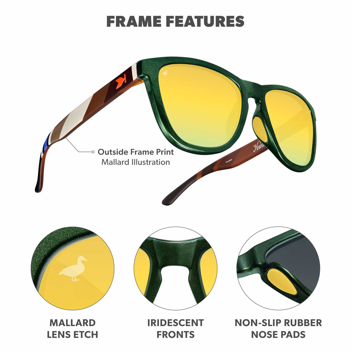 Comfortable Frame. Outside Frame Print Mallard Illustration on both arm. Mallard Lens Etch. Iridescent Fronts. Non-slip rubber nose pads. Glossy finish. High quality hinges. Photo features Limited Edition Mallard Premiums Sport Sunglasses and details of the highlighted parts of the frame.