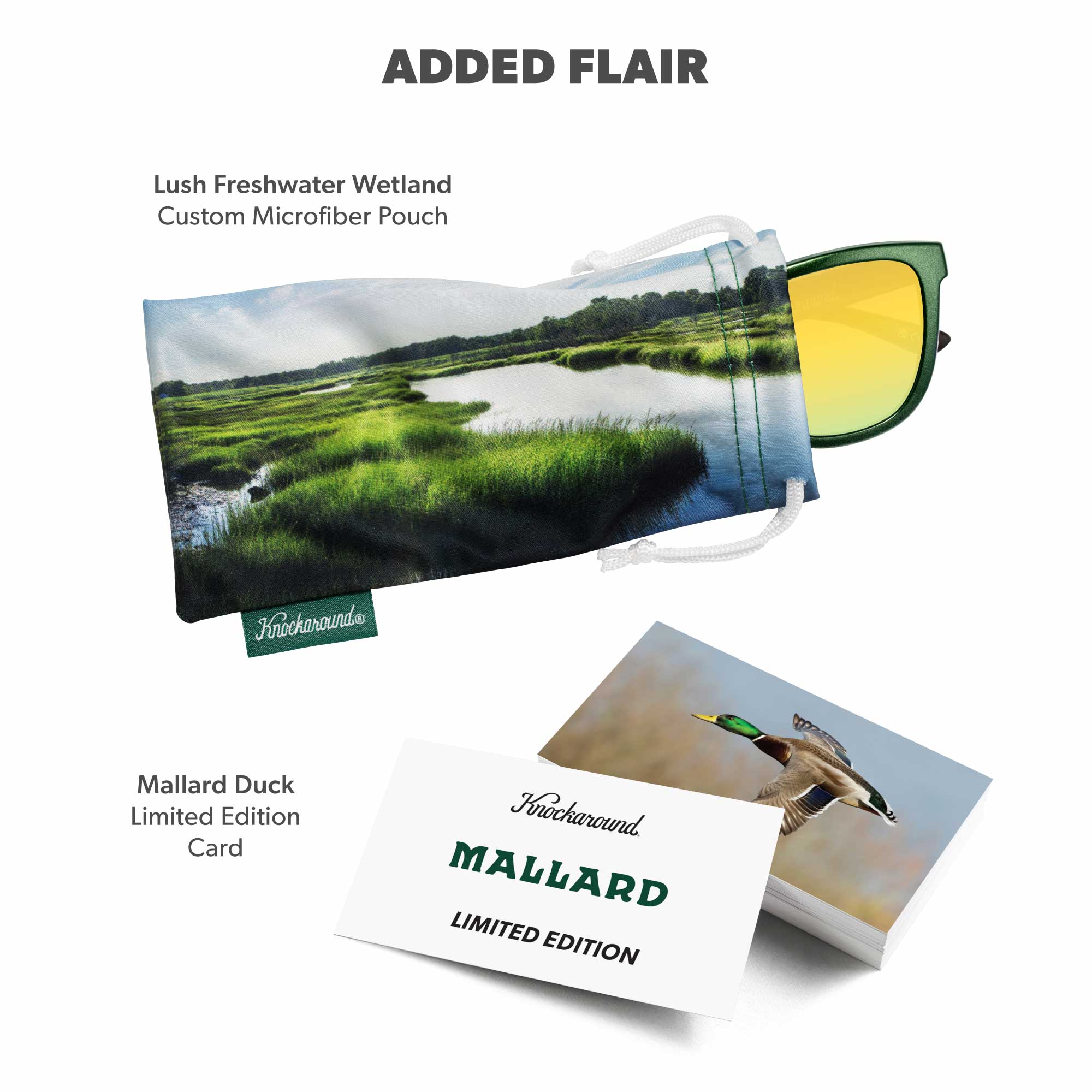 Added Flair. Custom Microfiber Pouch design Lush Freshwater Wetland. Mallard Duck Limited Edition Duck