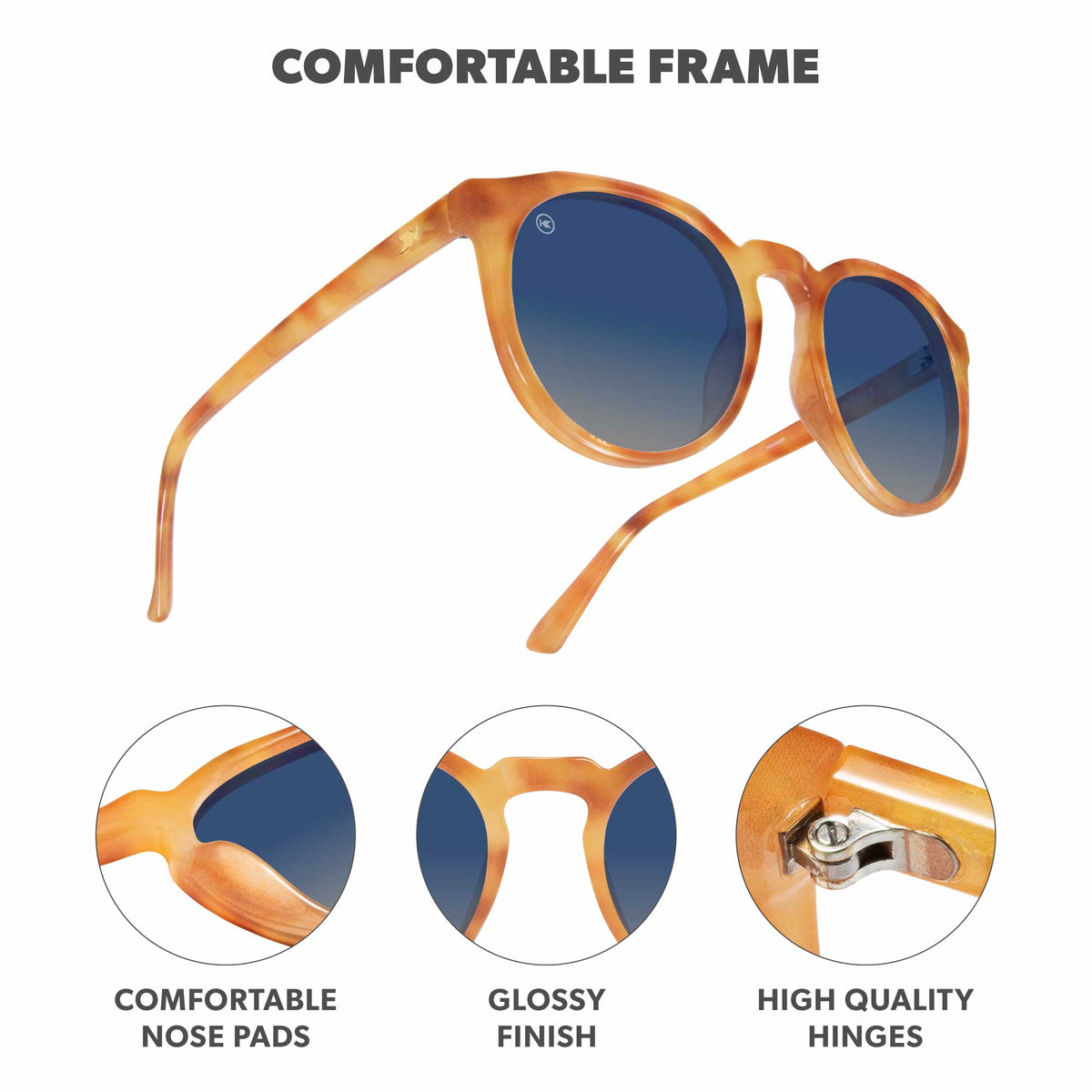 Comfortable Frame. Comfortable nose pads. Glossy finish. High quality hinges. Photo features Sienna Tide Pools Sunglasses and details of the highlighted parts of the frame.